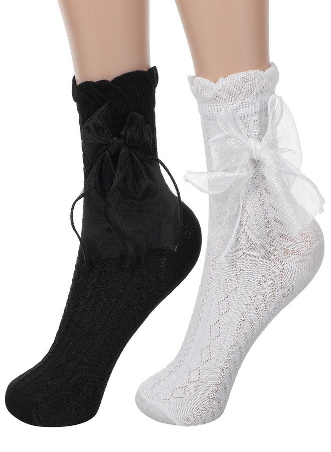 Nogeqi 2 Pairs Ruffle Socks with Bow, Cute Princess Lolita Frilly Socks for Women Girls, Breathable Cotton Lace Ankle Sock for Women(Black, White) - Image 1
